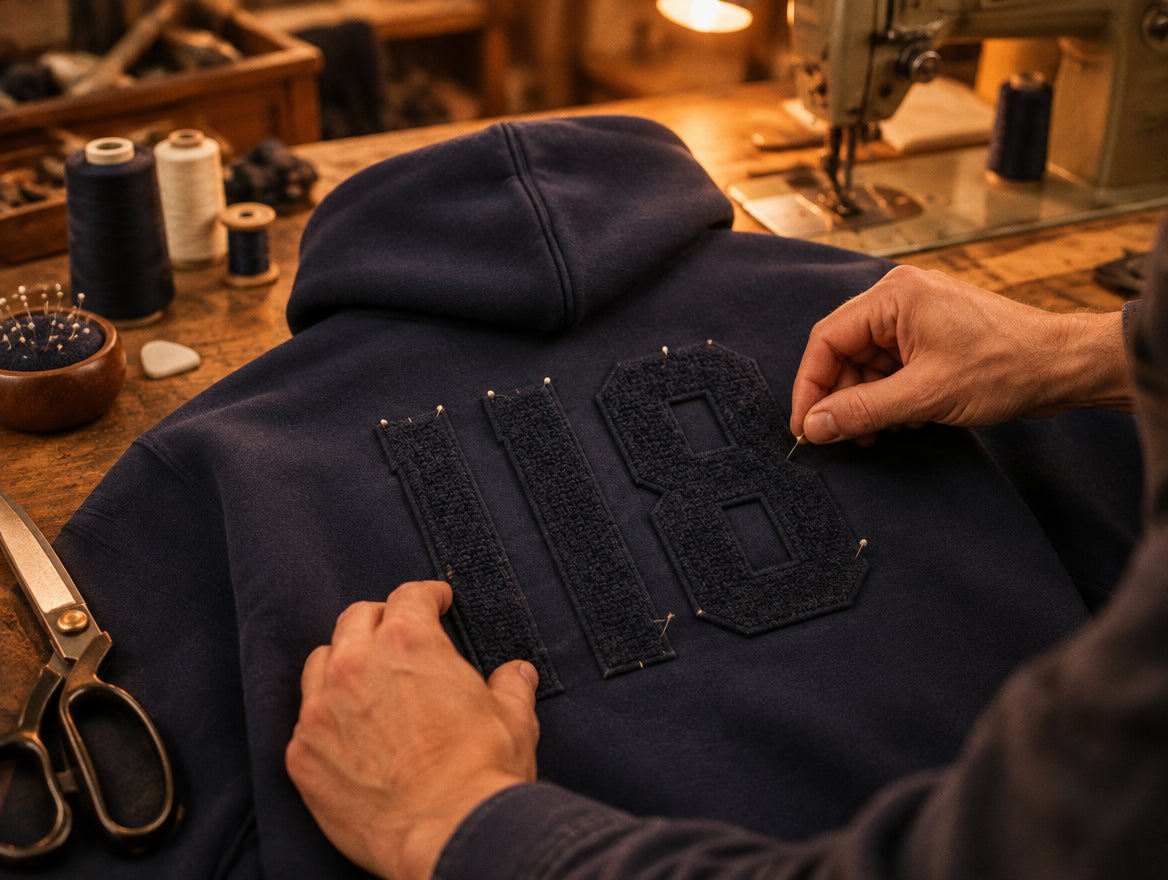 Close-up van handen die de 118 patch op de rug van de hoodie leggen in het atelier