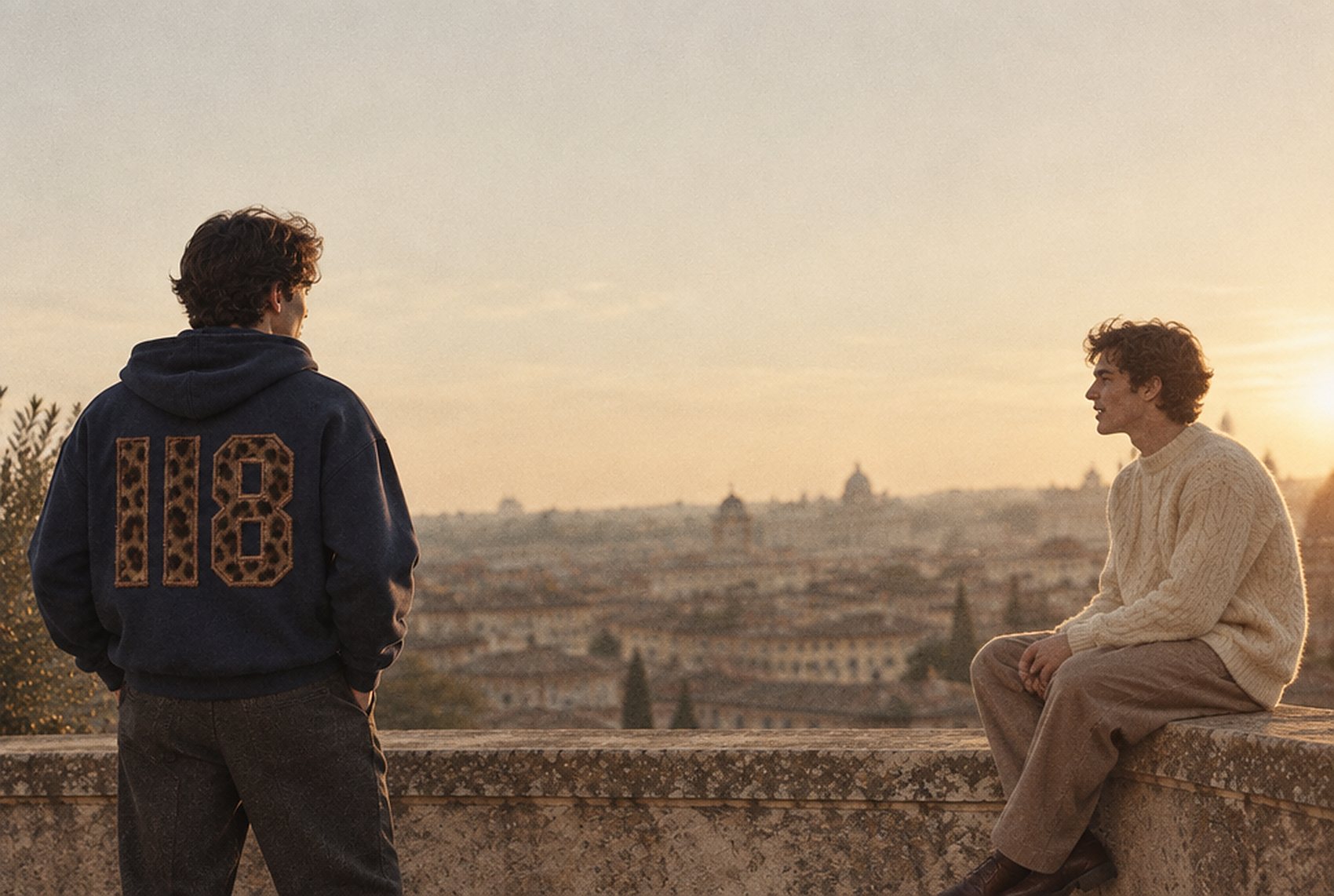 Twee vrienden op een dakterras in Rome bij zonsondergang, een van hen draagt de 118 Zipped Hoodie met de luipaard-patch op de rug