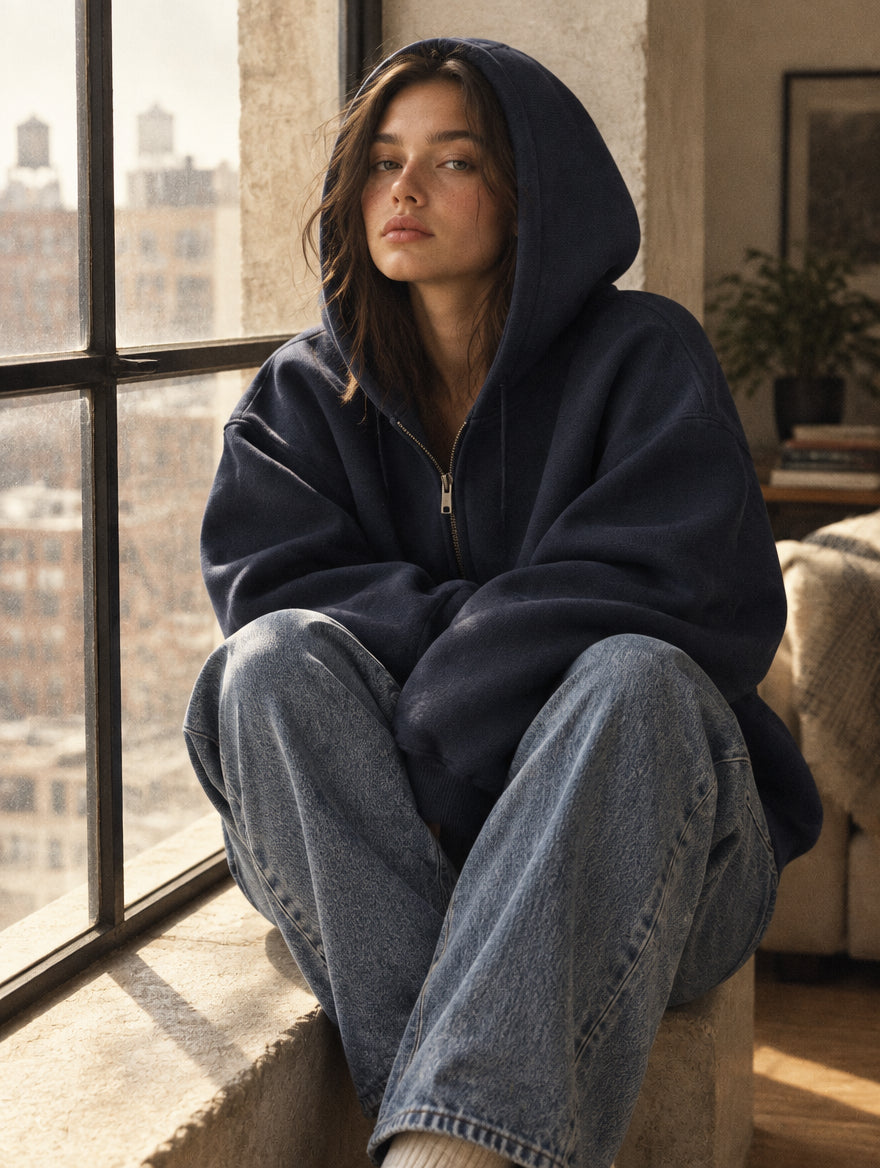 Iemand draagt de 118 Zipped Hoodie met de kap op, gezeten in een vensterbank